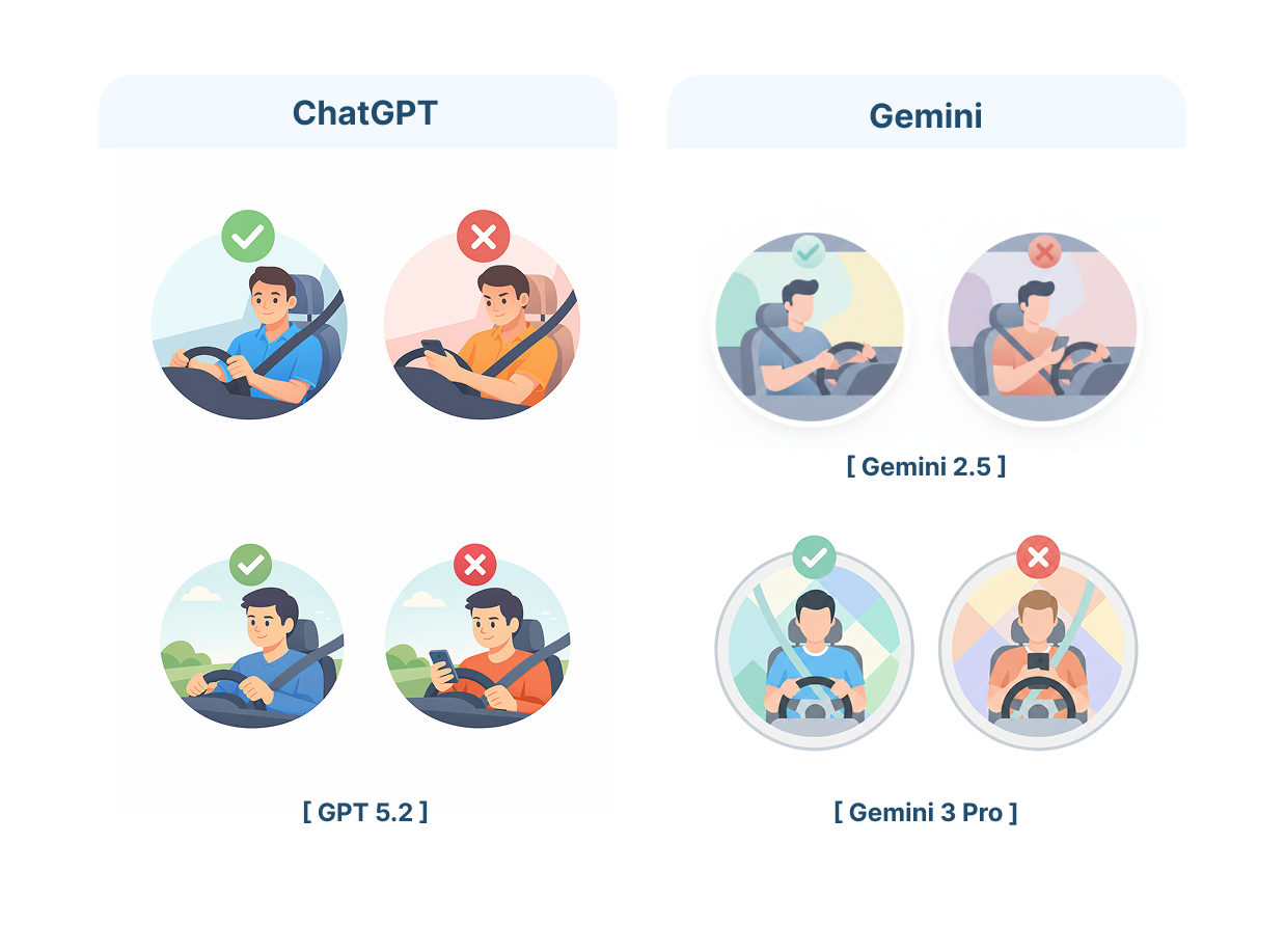 人物表現の精度比較。運転手の顔や身体バランスの良し悪しを、ChatGPTとGeminiの出力結果にチェックマークと×印で評価した比較図。