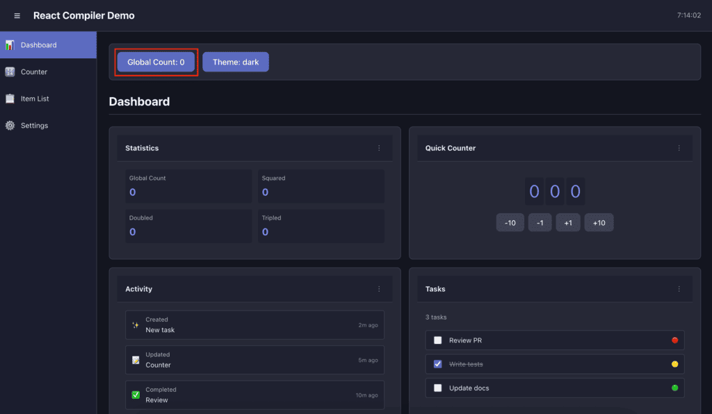 Global Count ボタンに赤枠がついたダッシュボード画面