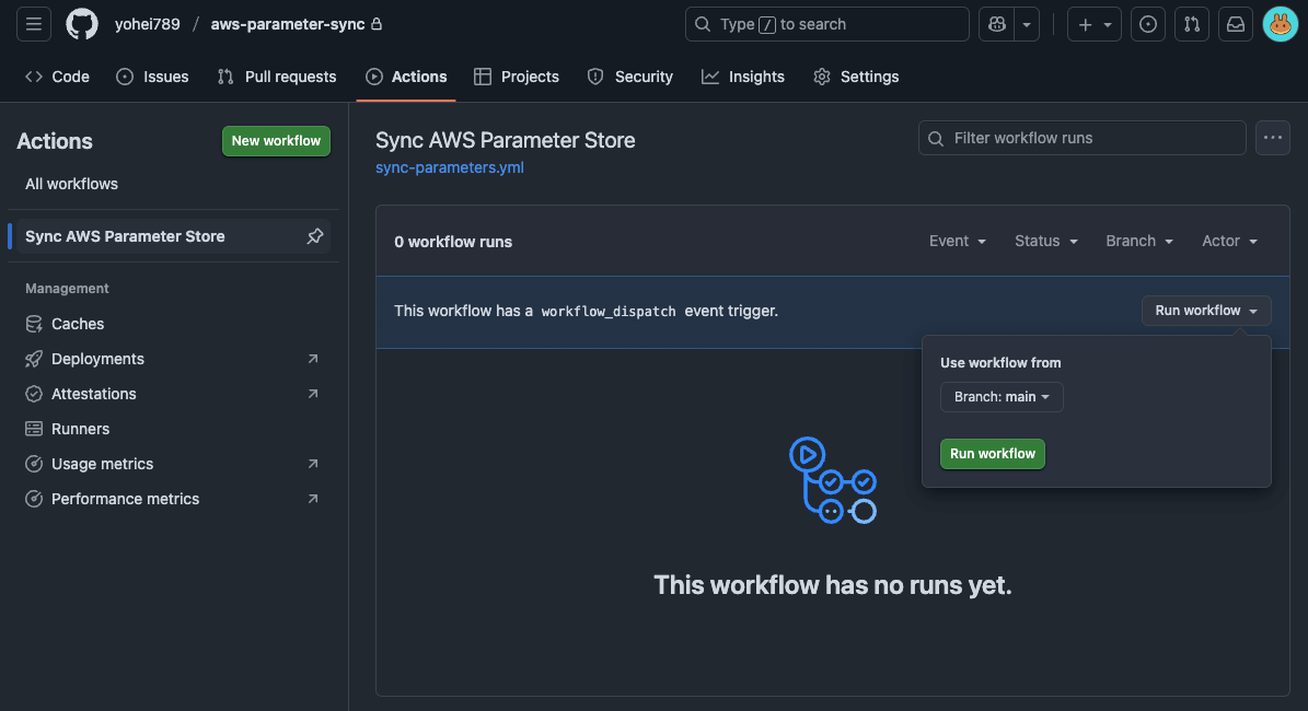 Github_Actionsの選択と実行