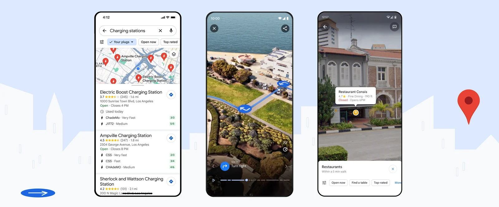 An image shows new Google Maps features. From left to right, they show detailed information about EV chargers in Maps search results, turn-by-turn directions for a cycling route along the water in San Francis