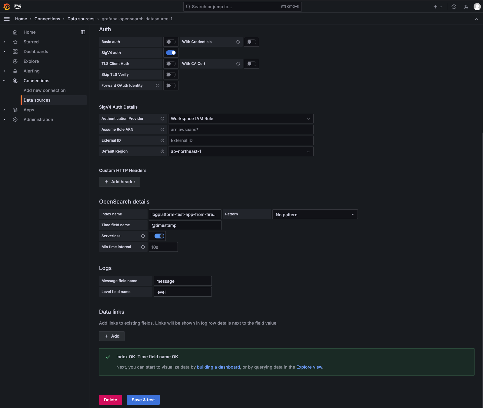 Grafana data source page