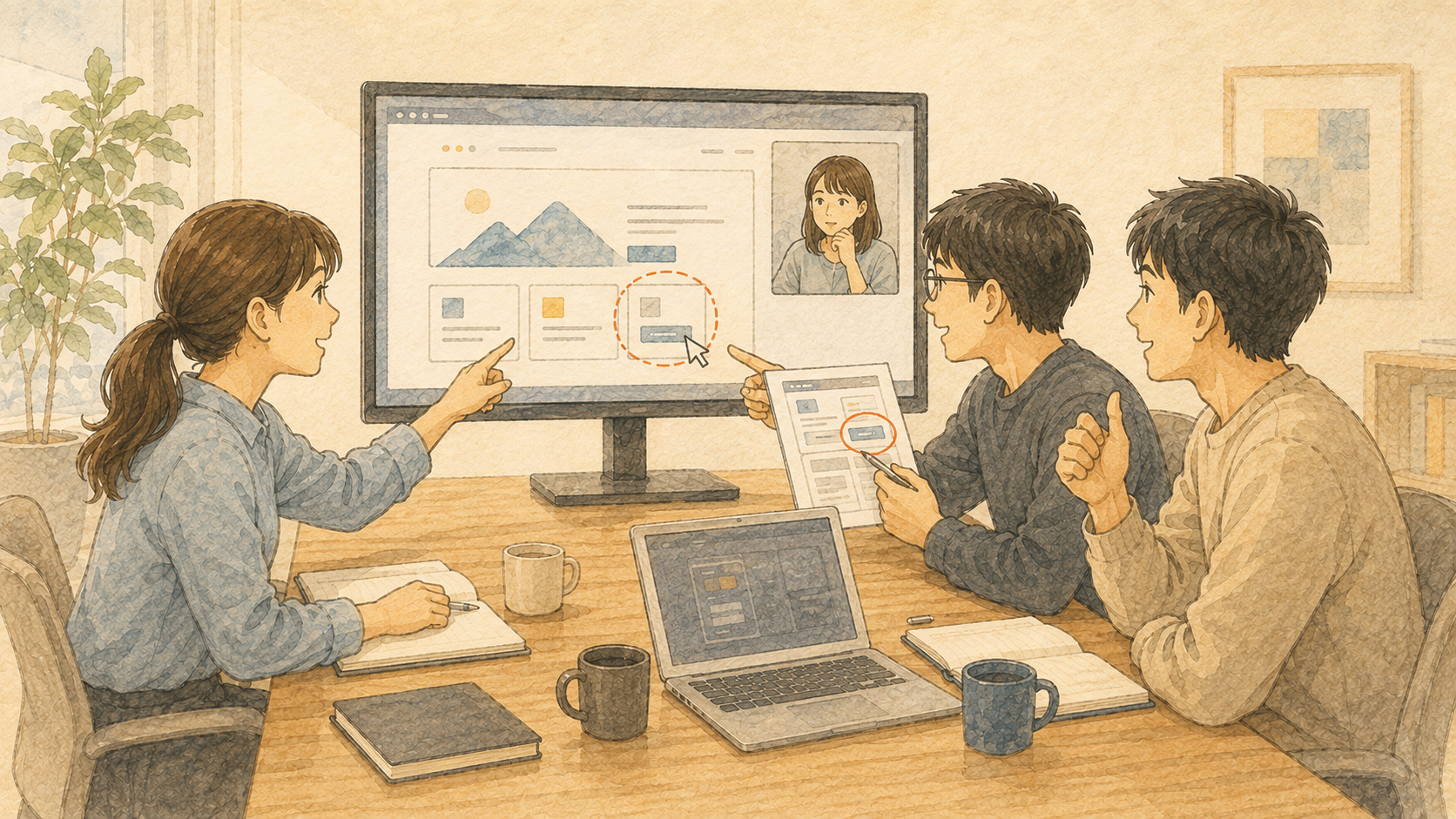 チームでユーザーの目線に立って会話しているイメージ