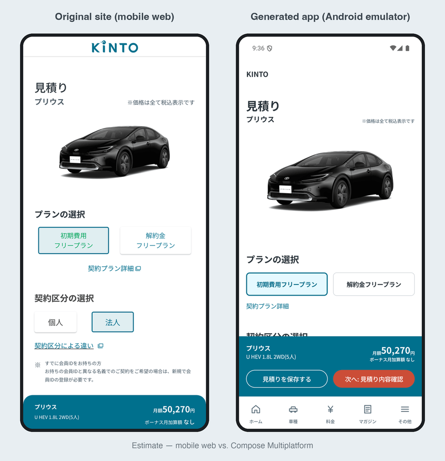 見積り:原サイトのモバイル版 vs CMP アプリ